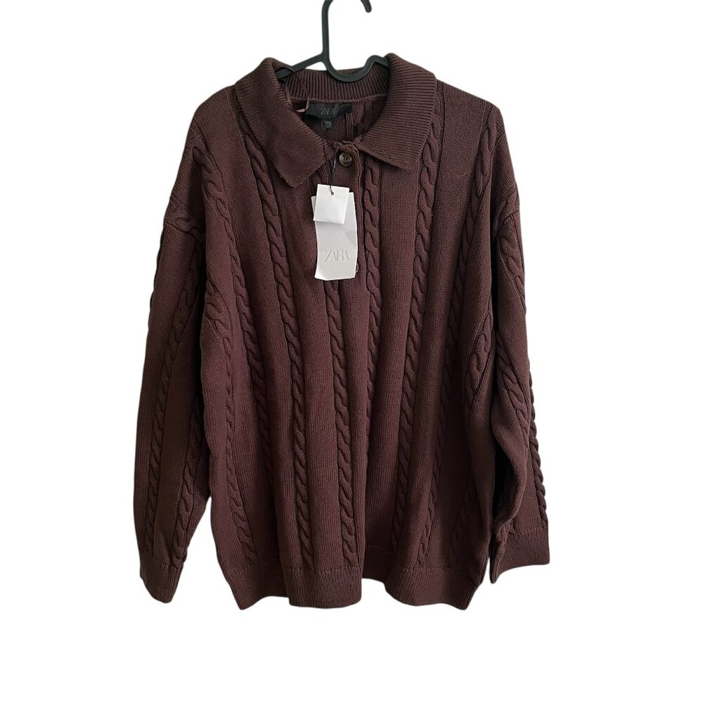 Zara Cable Knit Polo Sweater Brown Size Large – 100% Cotton, Button Front Fall